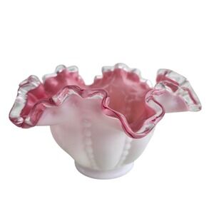 Vintage 1950s Fenton Peach Crest 7" Beaded Melon Bowl Crimped Ruffled Edge Mint